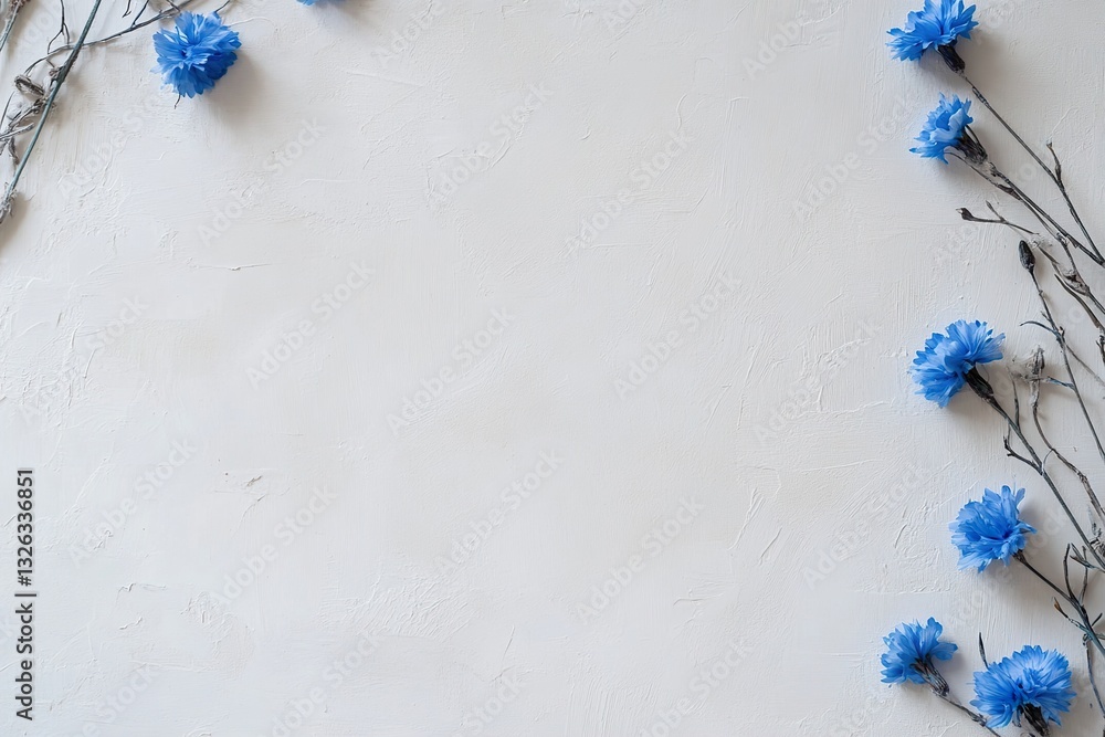 Poster vivid blue cornflowers are scattered along the edges of a canvas, contrasting against a soft white a