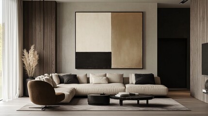 Elegant Beige Wall Decorated with Stylish Monochrome Wall Art in Modern Interior