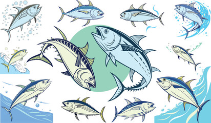 Vector Illustration of Different Tuna Fish Species in Ocean Waves &ndash; Bluefin, Yellowfin, Skipjack, and More