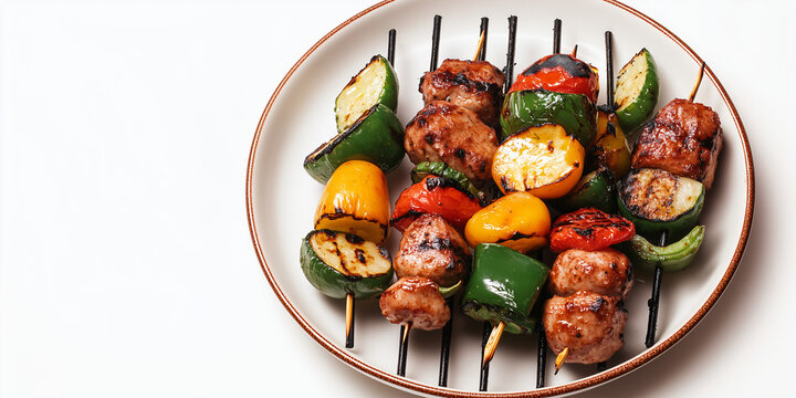 Grilled Skewers: Savory grilled skewers with a colorful array of meats and vegetables arranged on a plate, a culinary delight