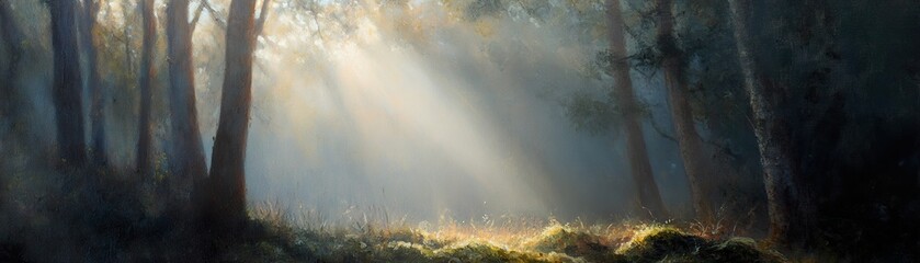 Golden rays filter through a dense green canopy in a sunlit forest clearing, casting dappled light on the soft moss below. The vibrant colors evoke a serene, magical atmosphere