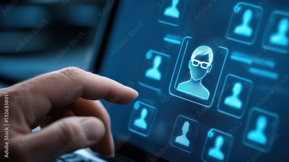 Poster connecting through technology, laptop user with face icon symbolizing digital interaction in modern 