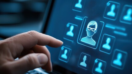 Connecting through technology, laptop user with face icon symbolizing digital interaction in modern world