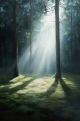 Obraz premium Vibrant rays of sunlight illuminate a serene forest clearing, creating a magical atmosphere as they dance across the mossy ground. Rich textures evoke nature's beauty