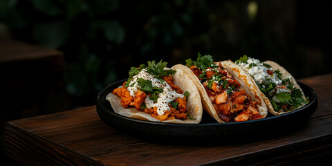 A Culinary Trio: Three vibrant tacos sit invitingly on a dark plate atop a rustic wooden table. Each taco is a delicious work of art