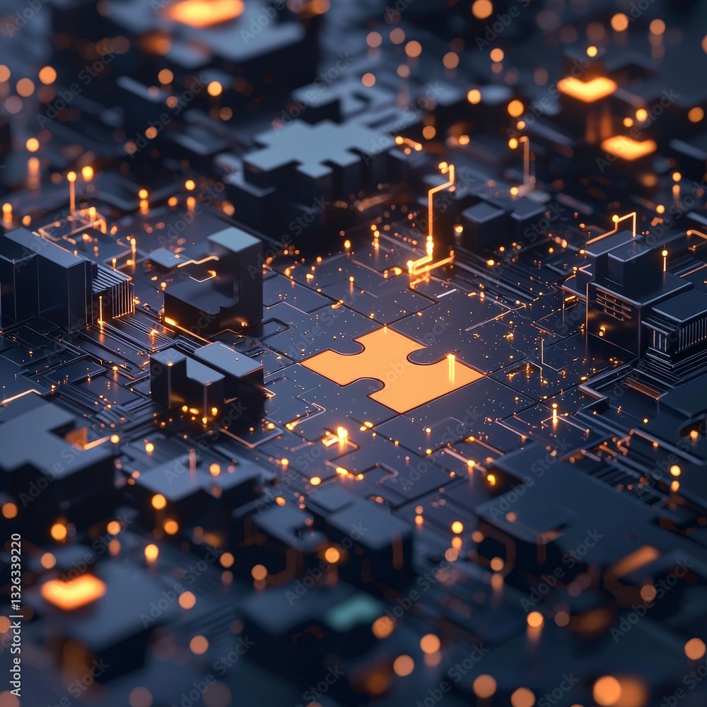 Poster a futuristic concept of ai assembling a glowing puzzle in a digital space