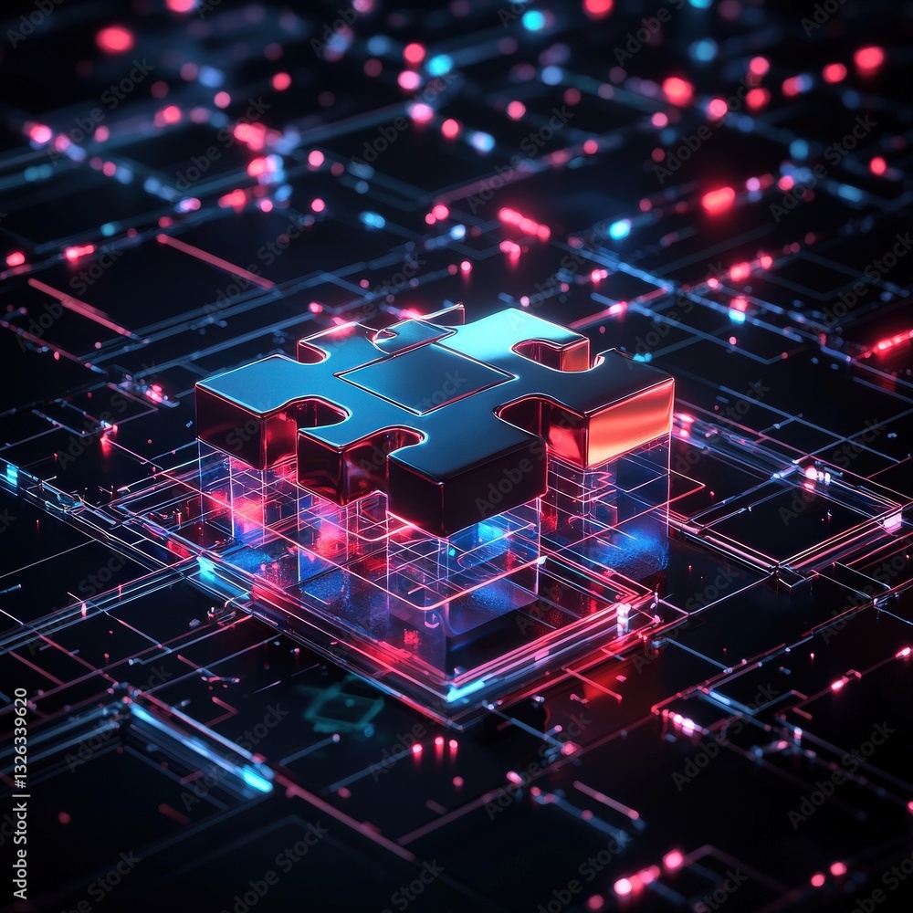 Poster a futuristic concept of ai assembling a glowing puzzle in a digital space