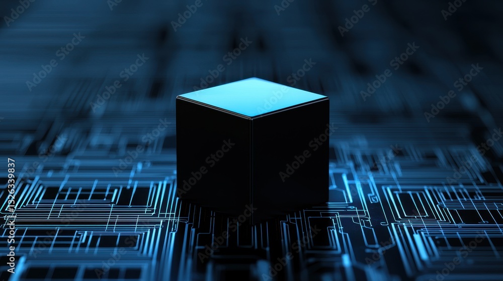 Poster abstract technology cube on circuit background in blue glow