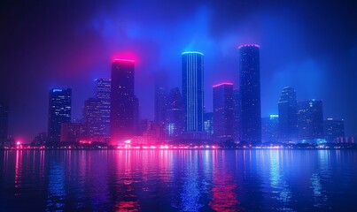 Fototapeta premium city skyline with bright neon lights reflecting in the water.