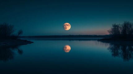 Tranquil Serenity: Full Moon Reflection in a Peaceful Lake at Night