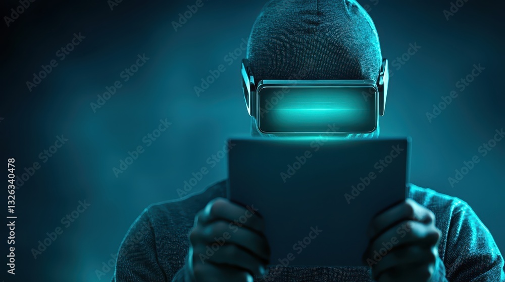 Poster man in hoodie immersed in tablet technology, exploring digital connectivity and mobile interaction
