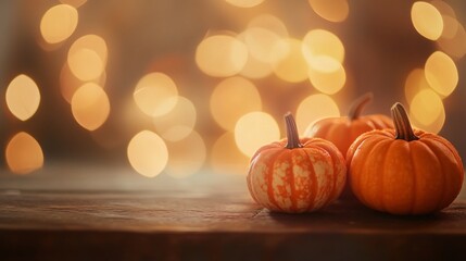 Spooky Halloween Scene: Orange Pumpkins on Wooden Table with Bokeh Background.