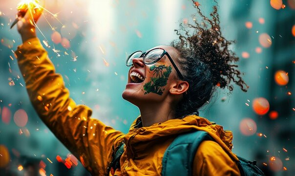 A cheerful woman with painted face ecstatically celebrates with sparklers in a joyful urban setting.