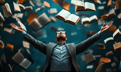 A man with open arms surrounded by flying books embodies the joy of learning and reading.