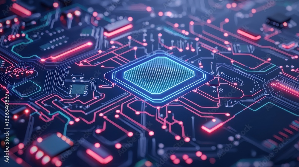 Poster material science semiconductors concept. futuristic circuit board with glowing elements and intricat