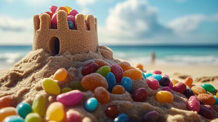 Colorful Jelly Beans in a Sandcastle on Beach Summer Fun Scene Image