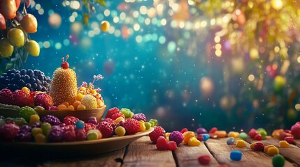 Jewish Holiday Purim Celebration Background with Colorful Festive Elements