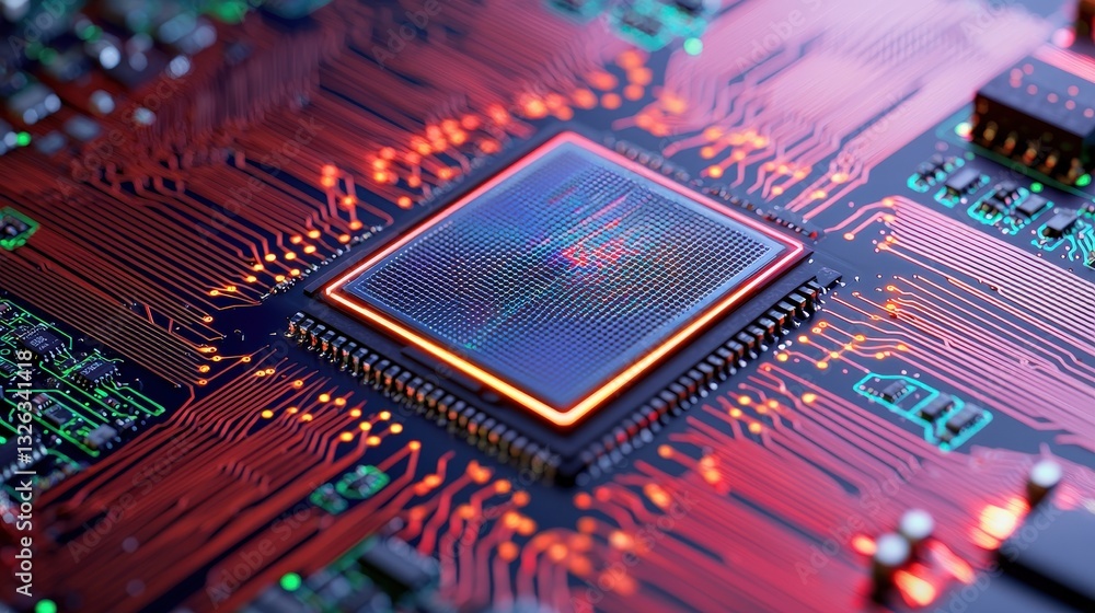 Poster material science semiconductors concept. close-up of a computer microchip on a circuit board with vi