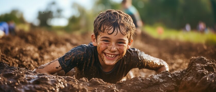Boy playing in mud outdoor adventure fun activity nature close-up