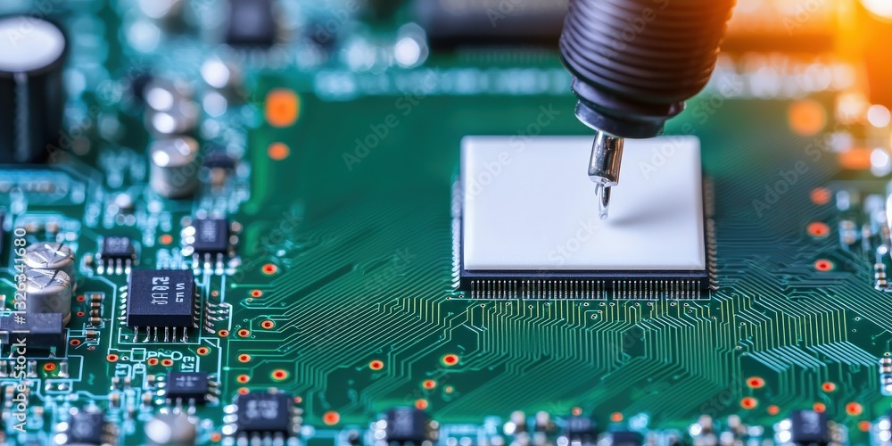 Poster material science semiconductors concept. close-up of a microchip being tested on a circuit board.