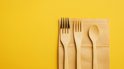 A set of wooden utensils, including a fork, spoon, and knife