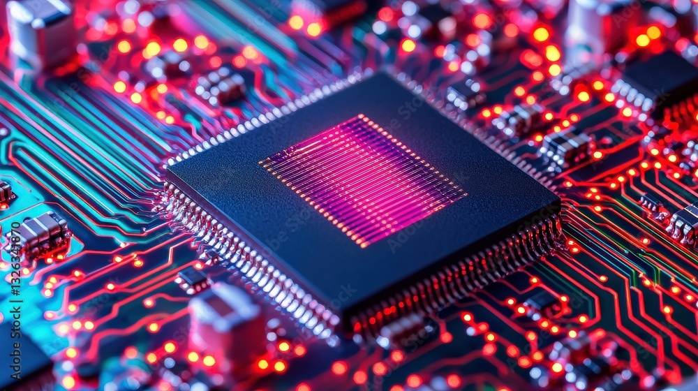 Poster material science semiconductors concept. close-up of a microchip on a circuit board with glowing lig