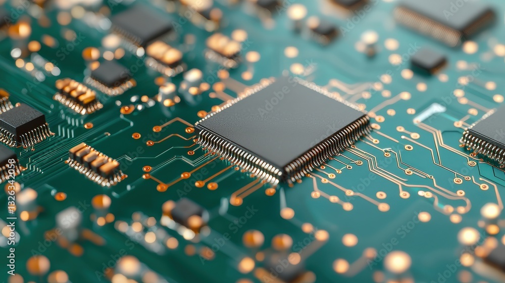 Poster material science semiconductors concept. close-up of a circuit board with microchips and electronic 