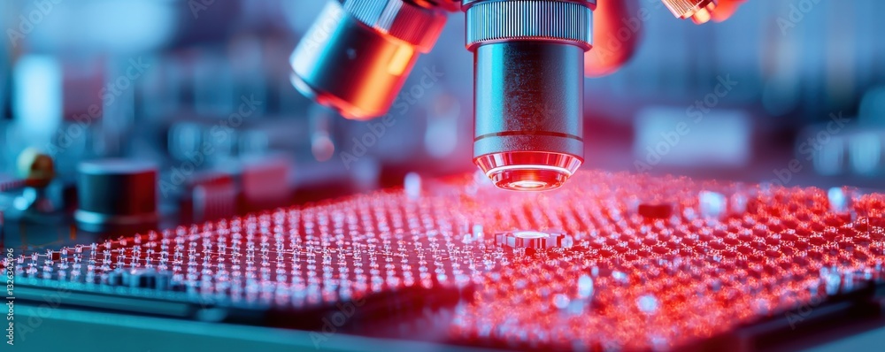 Aufkleber material science semiconductors concept. close-up of a microscope examining a microchip with vibrant