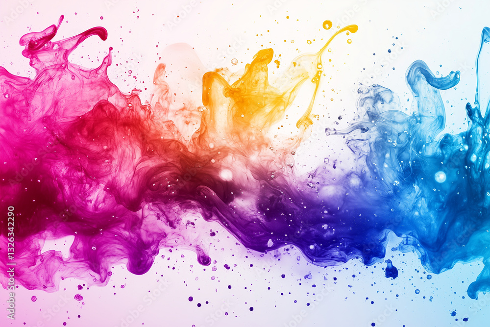 Poster colorful ink splatter creating vibrant abstract background with fluid shapes and bubbles. blend of p