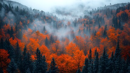 Autumn Foggy Mountain Forest Landscape