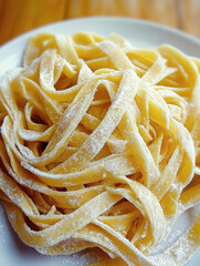An artistic presentation of unadorned tagliatelle pasta lightly dusted with flour, showcasing its raw form and inviting culinary creativity.