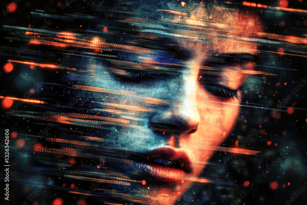 Poster a dynamic portrayal of an abstract face, showcasing motion and energy through vivid colors and visua