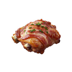 Succulent leg wrapped in crispy bacon and garnished with fresh herbs, perfect for showcasing culinary creativity and flavor.