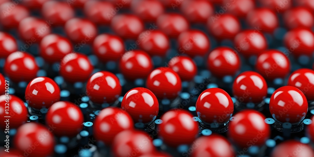 Aufkleber material science semiconductors concept. dense arrangement of red spheres on a dark surface, creatin