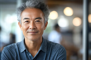 Obraz premium An older man with flowing gray hair and a confident smile conveys warmth and joy, creating an inviting ambiance in a modern cafe atmosphere.