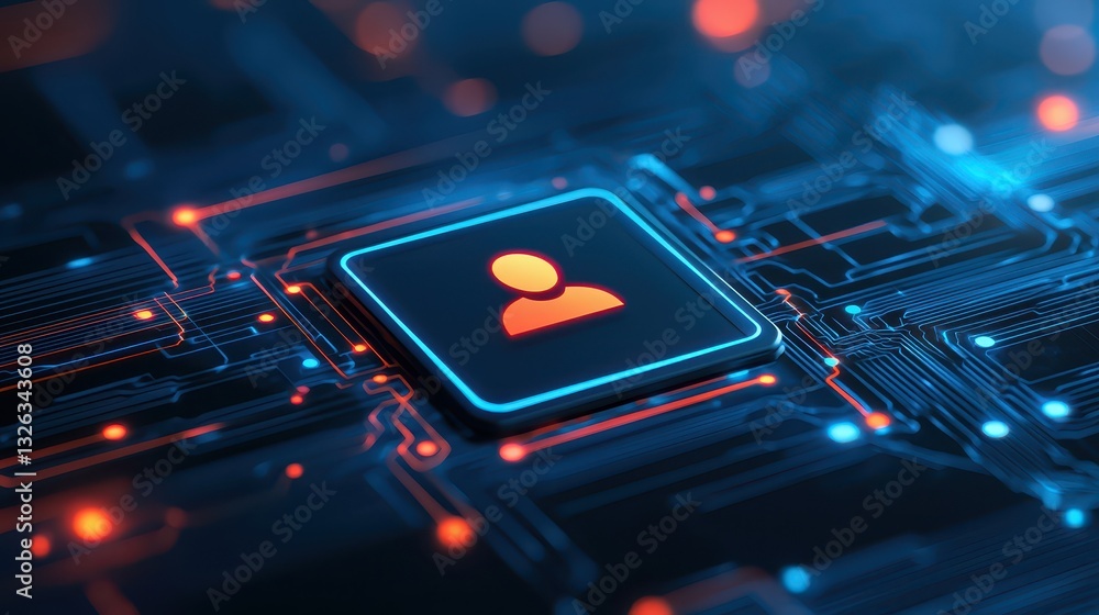 Poster person icon on a computer chip, symbol of technological affection and connection computer