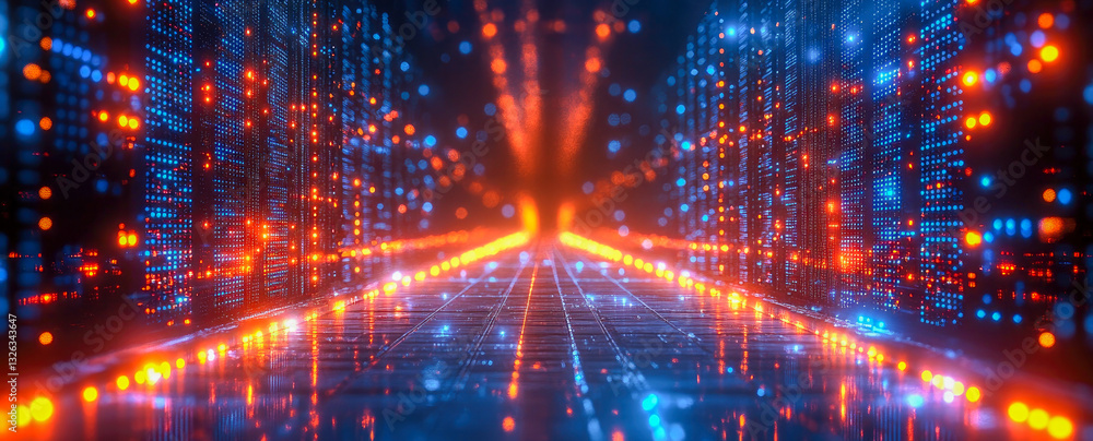 Poster a vibrant visualization of a data center corridor filled with glowing lights and interconnected netw
