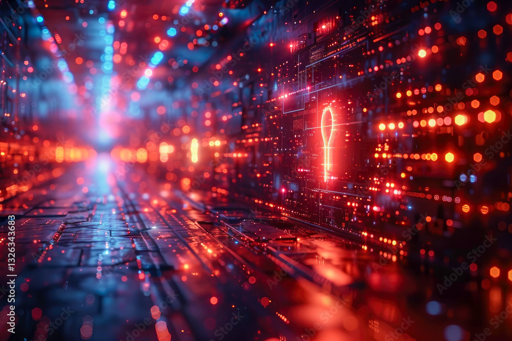 Poster a stunning visual display of light and data flowing through a digital corridor, symbolizing modern t