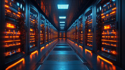 An artistic representation of a digital server architecture, showcasing vibrant lights and a sleek corridor, radiating technology and sophistication.