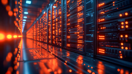 A mesmerizing view of an illuminated server room showcasing rows of servers, rich with orange and blue lights, representing high-tech energy.