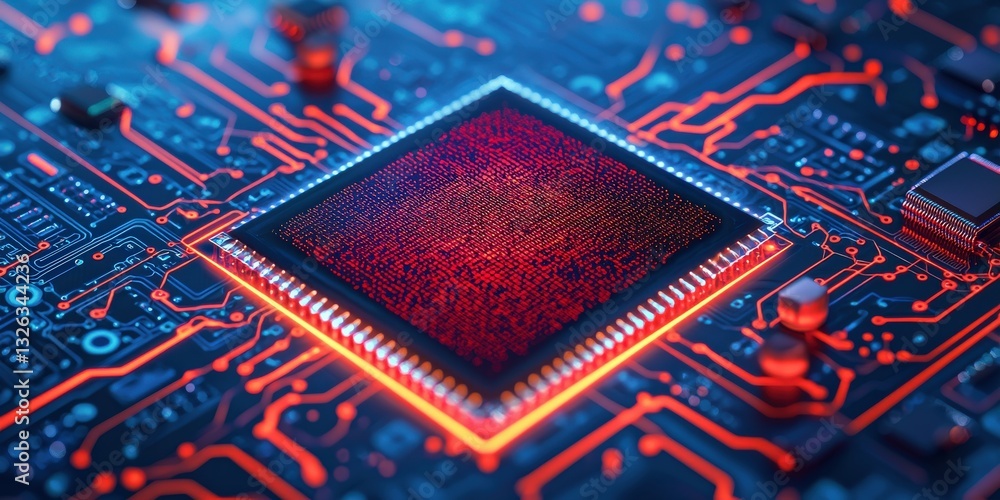 Poster material science semiconductors concept. close-up of a colorful microchip on a circuit board.