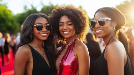 Three cheerful female students are posing together on a red carpet, celebrating their graduation prom and academic achievements with bright smiles and elegant dresses