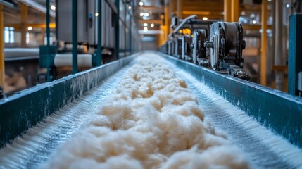 Natural mineral rocks are heated and spun into fibers along a production line. The fibers are then pressed and cut, creating mineral wool insulation products in a factory setting
