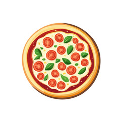 A colorful illustration featuring a pizza adorned with vibrant slices of tomato and fresh basil leaves, set on a plain white backdrop.