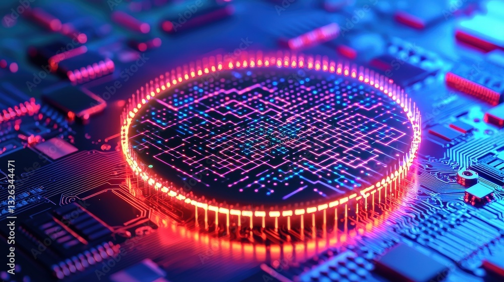 Poster material science semiconductors concept. futuristic circuit design with vibrant lights and intricate