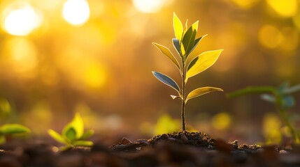 Young Tree Thrives in Golden Light, Symbolizing Growth and Harmony with Nature