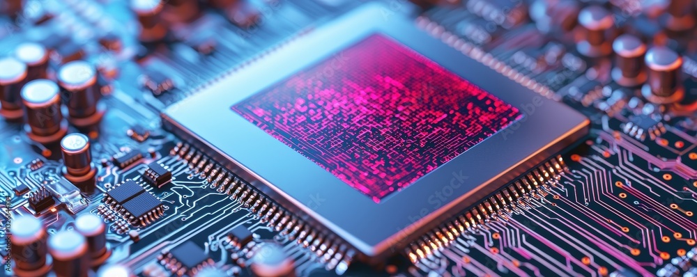 Poster material science semiconductors concept. close-up of a computer chip with vibrant circuitry details 