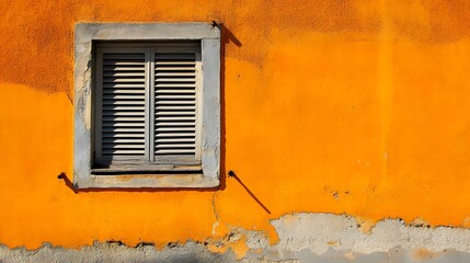 Aged Orange Wall with Closed Wooden Window Shutters