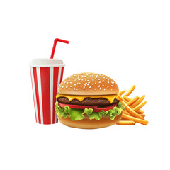 A tasty fast food meal consisting of a hamburger with lettuce and cheese, crispy fries, and a soft drink against a plain white backdrop.