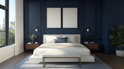 Fototapeta premium This stylish bedroom showcases a striking navy blue statement wall behind a pristine white platform bed. Modern art pieces add a creative touch, enhancing the tranquil atmosphere